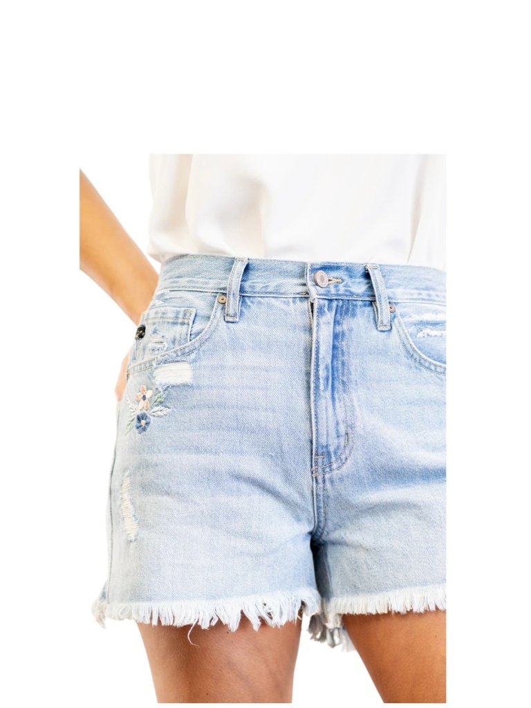 Kancan Daisy Embroidered Denim Shorts Blue Size L Summer Coastal Vacation Boho